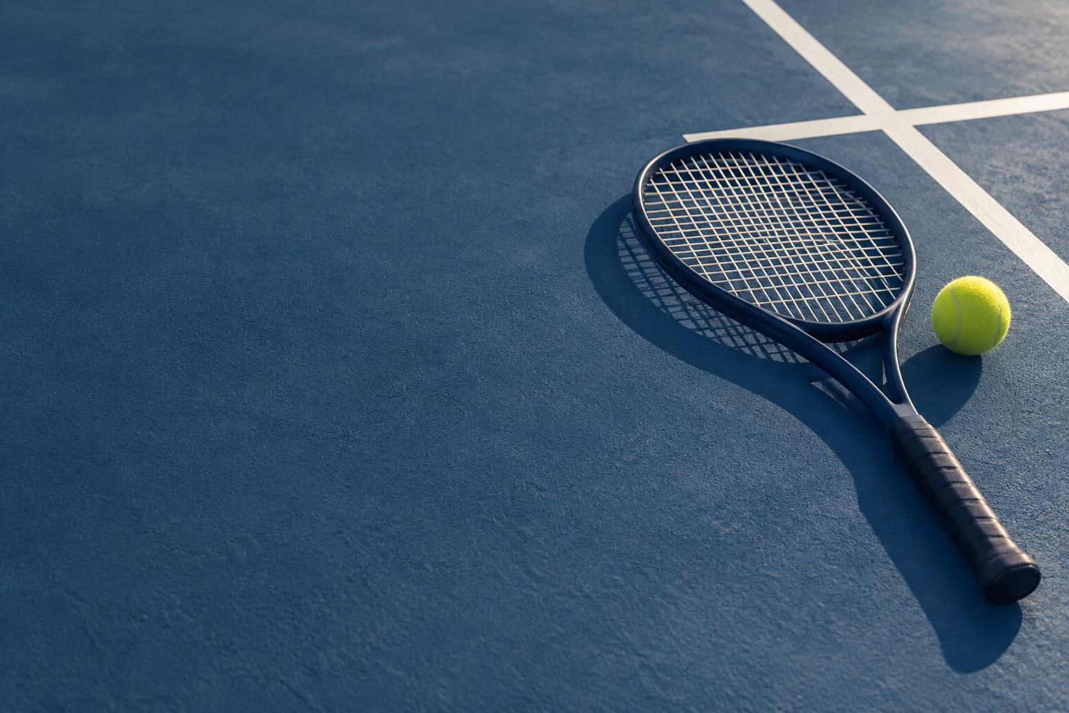 Une raquette et une balle sur un court de tennis bleu